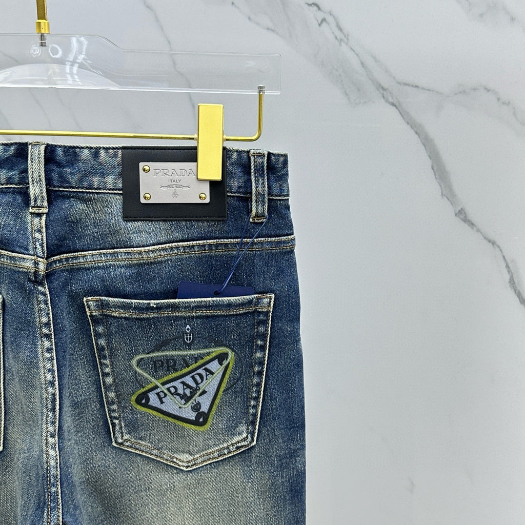 Dark Blue Vintage Triangle Graphic Print Slim Denim Jeans M260738