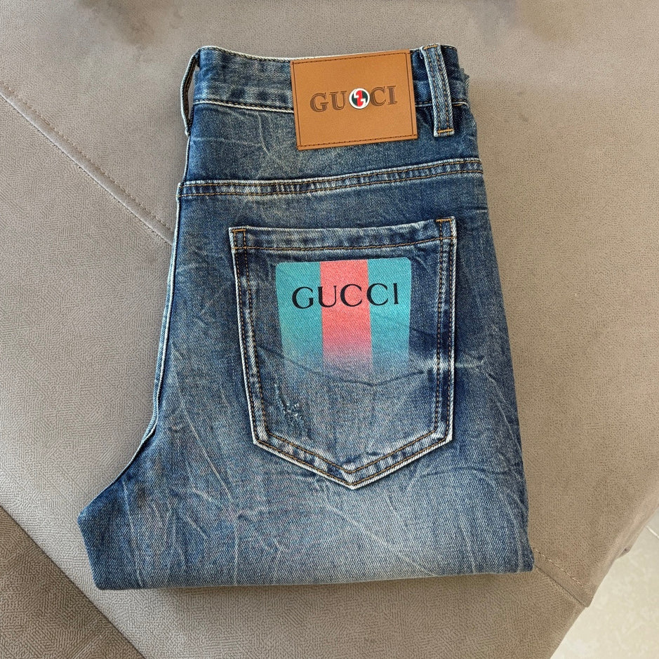 Blue Vintage Faded Wash Mens Printed Pocket Denim Trousers R260511