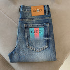 Blue Vintage Faded Wash Mens Printed Pocket Denim Trousers R260511