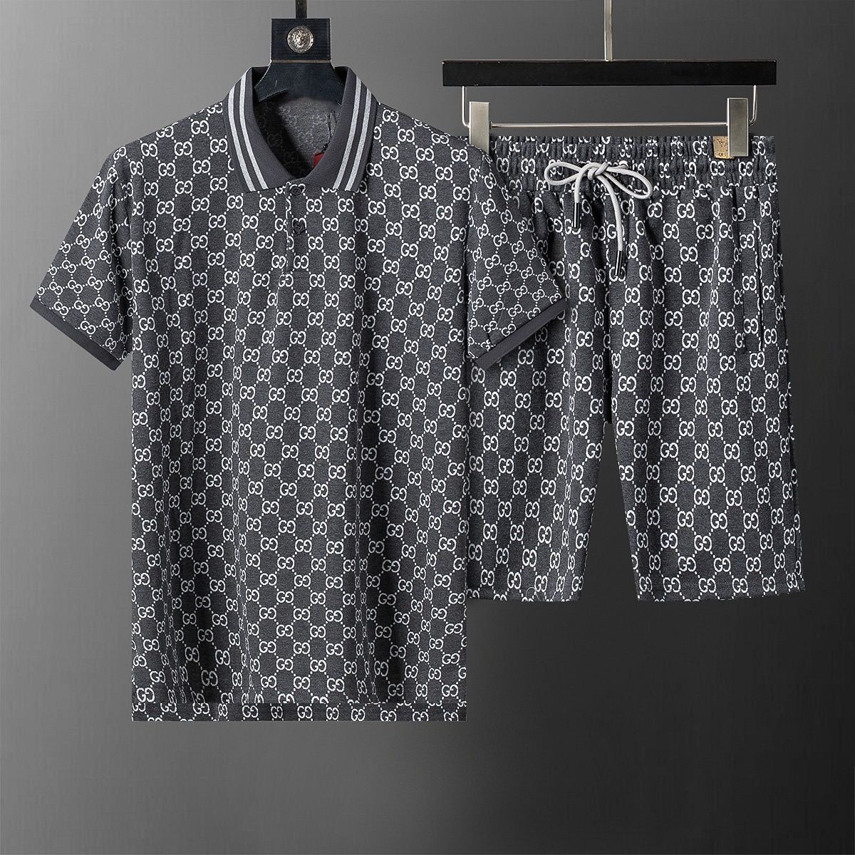 Allover Jacquard Polo Shirt & Shorts 2-Piece Set X269002