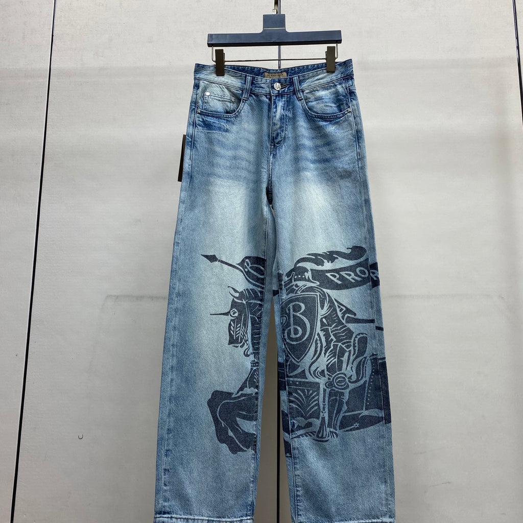 Light Blue Vintage Knight Print Wide Leg Denim Jeans M260732