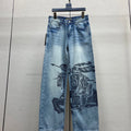 Light Blue Vintage Knight Print Wide Leg Denim Jeans M260732