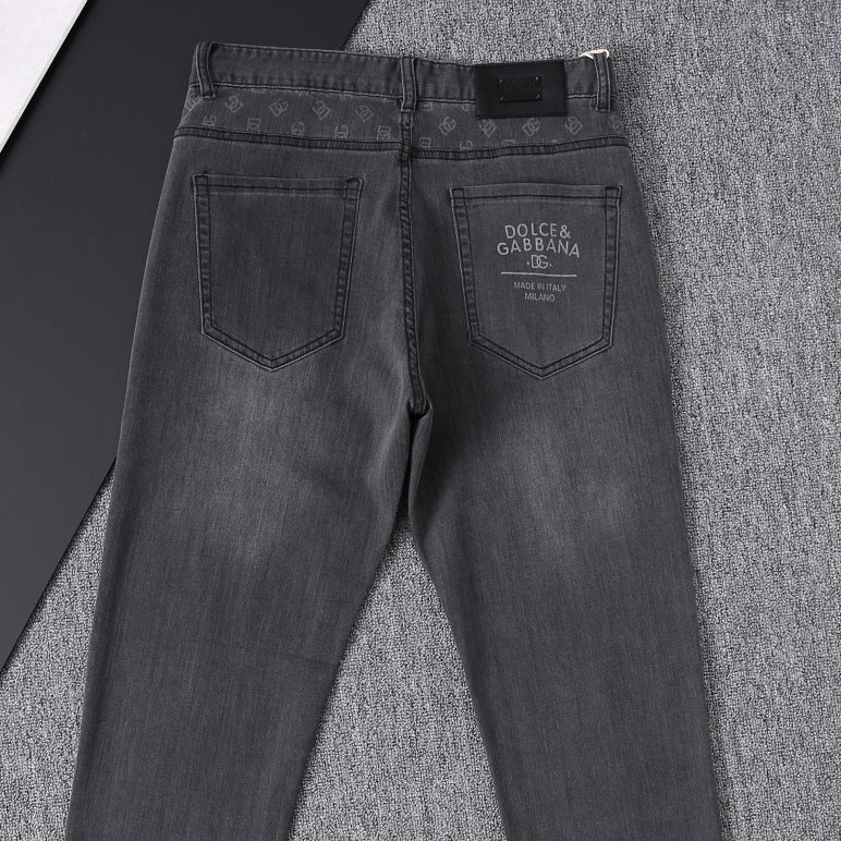 Grey Washed Mens Letter Print Pocket Denim Trousers R260526