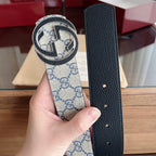 Beige Base Blue Interlocking Pattern Belt With Two-Tone Circle Buckle E020807