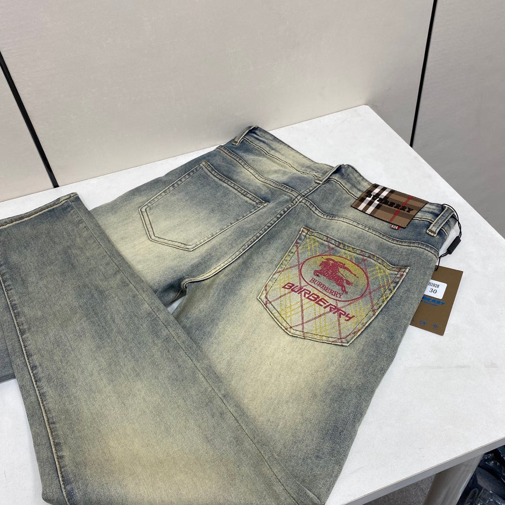 Faded Light Vintage Plaid Knight Print Slim Denim Jeans M260733