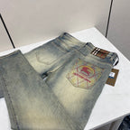 Faded Light Vintage Plaid Knight Print Slim Denim Jeans M260733