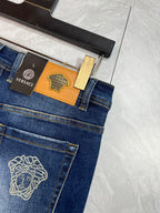 Retro Dark Blue Denim Pants With Portrait Embroidery On Rear Pocket R260527