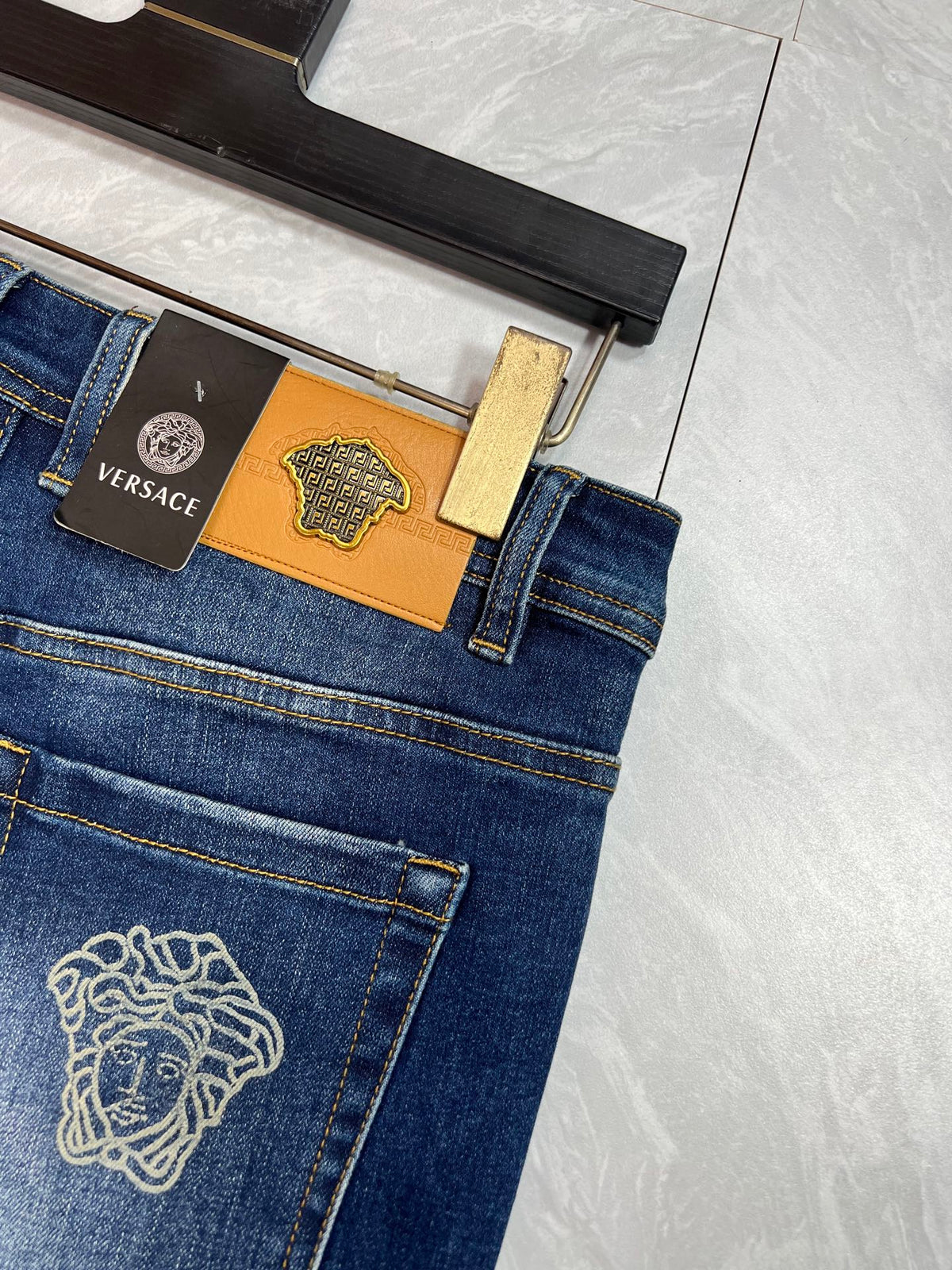 Retro Dark Blue Denim Pants With Portrait Embroidery On Rear Pocket R260527