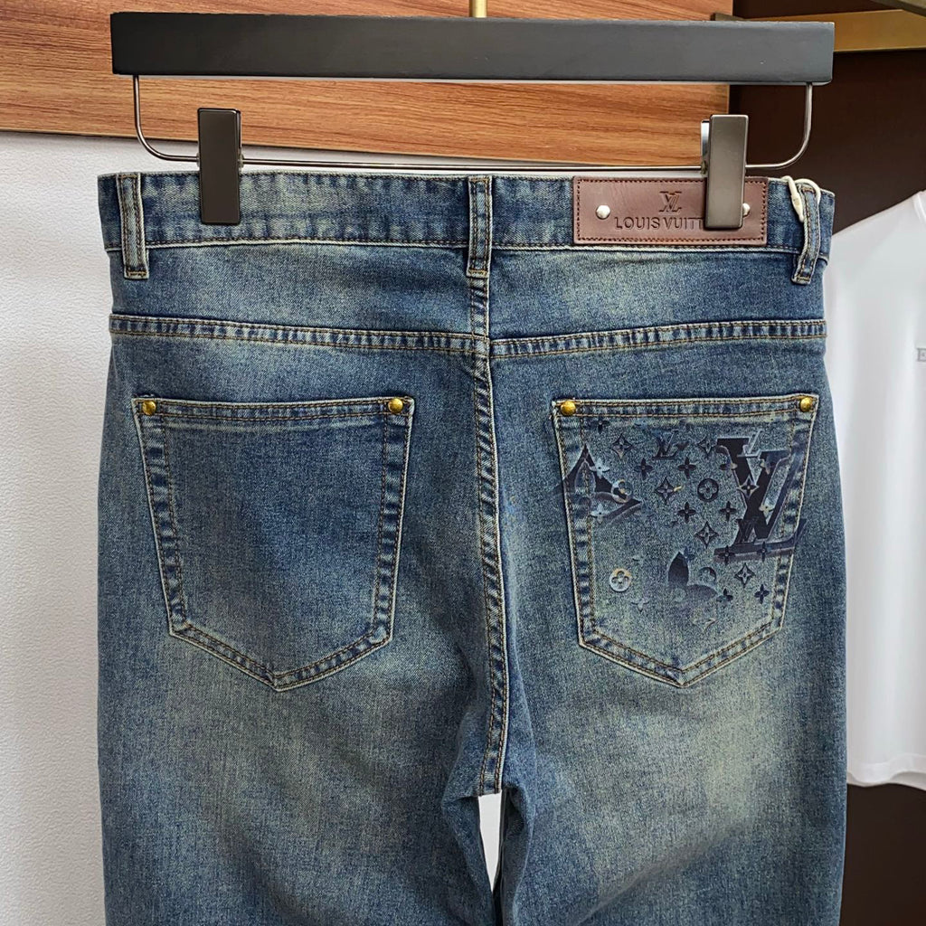 Mid Blue Faded Wash Subtle Printed Pocket Denim Jeans L260615