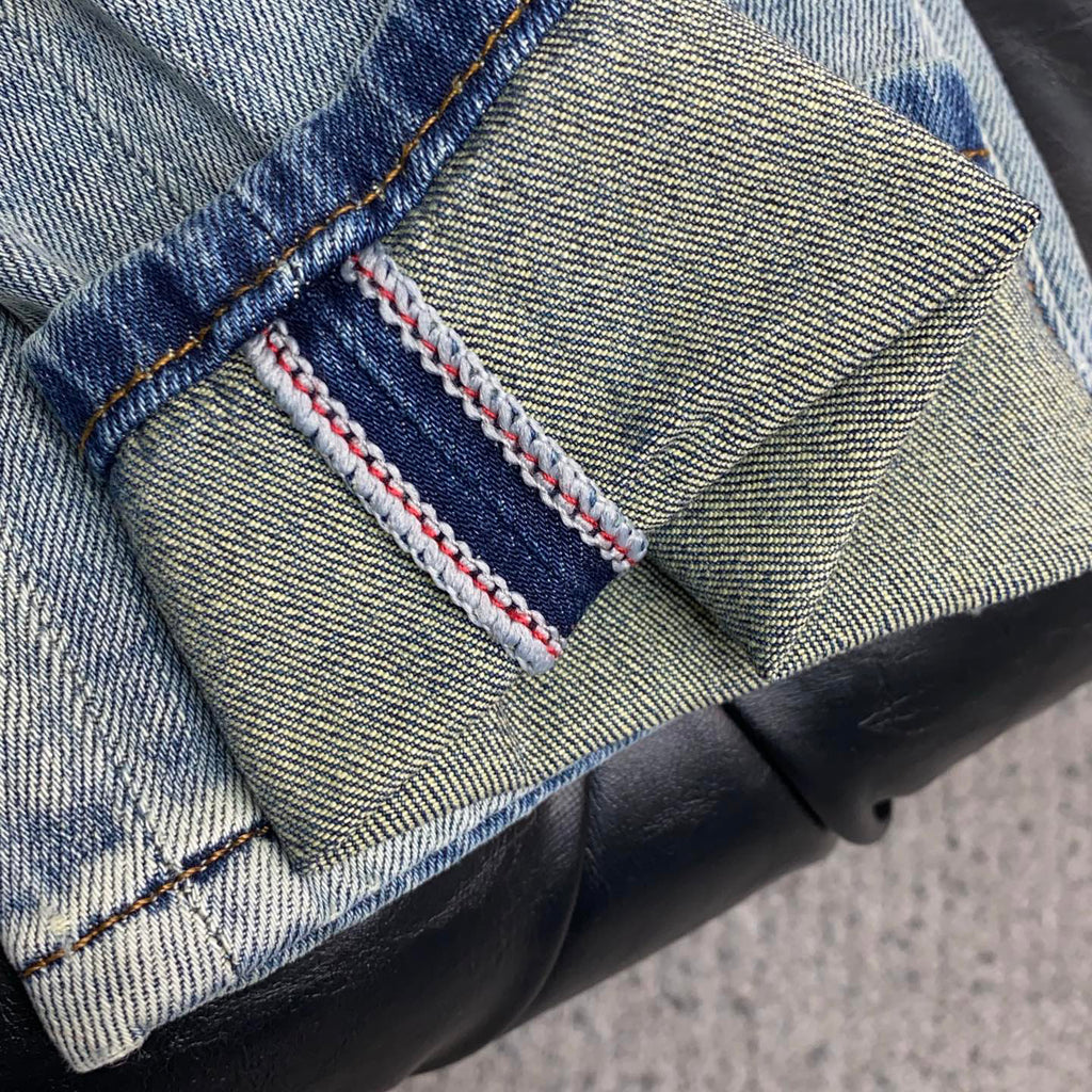 Light Faded Wash Mens Knight Motif Embroidered Pocket Denim Trousers R260525