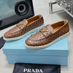 Ostrich Grain Metal Triangle Badge Slip-On Loafers S283422