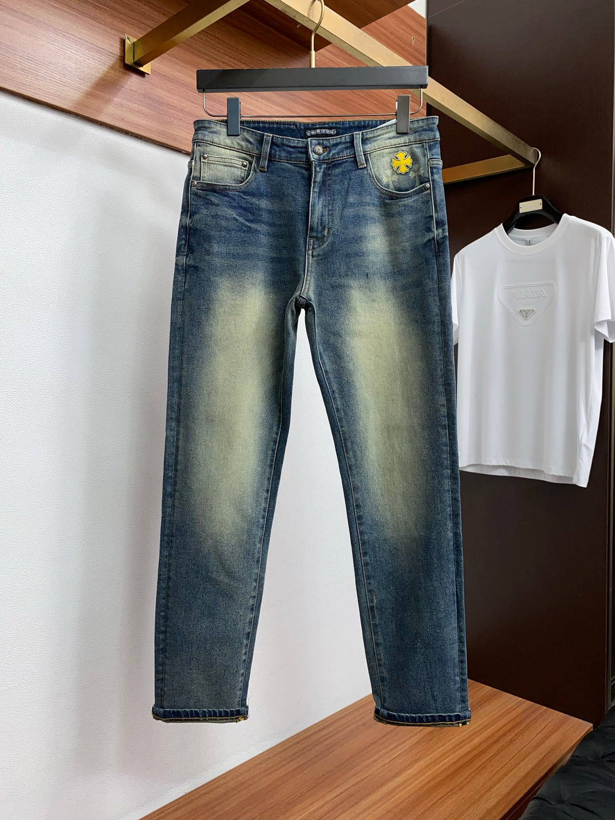 Back Pocket Cross Embroidered Vintage Faded Denim Jeans R260535