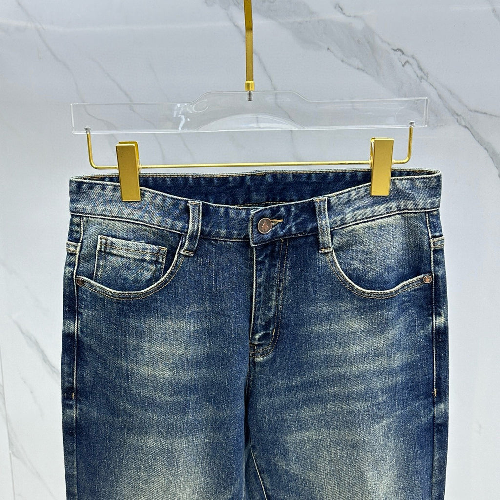 Dark Blue Vintage Triangle Graphic Print Slim Denim Jeans M260738