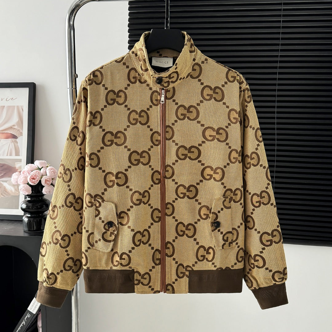 Full Monogram Stand Collar Zip Jacket Retro Pattern Bomber Coat N050501