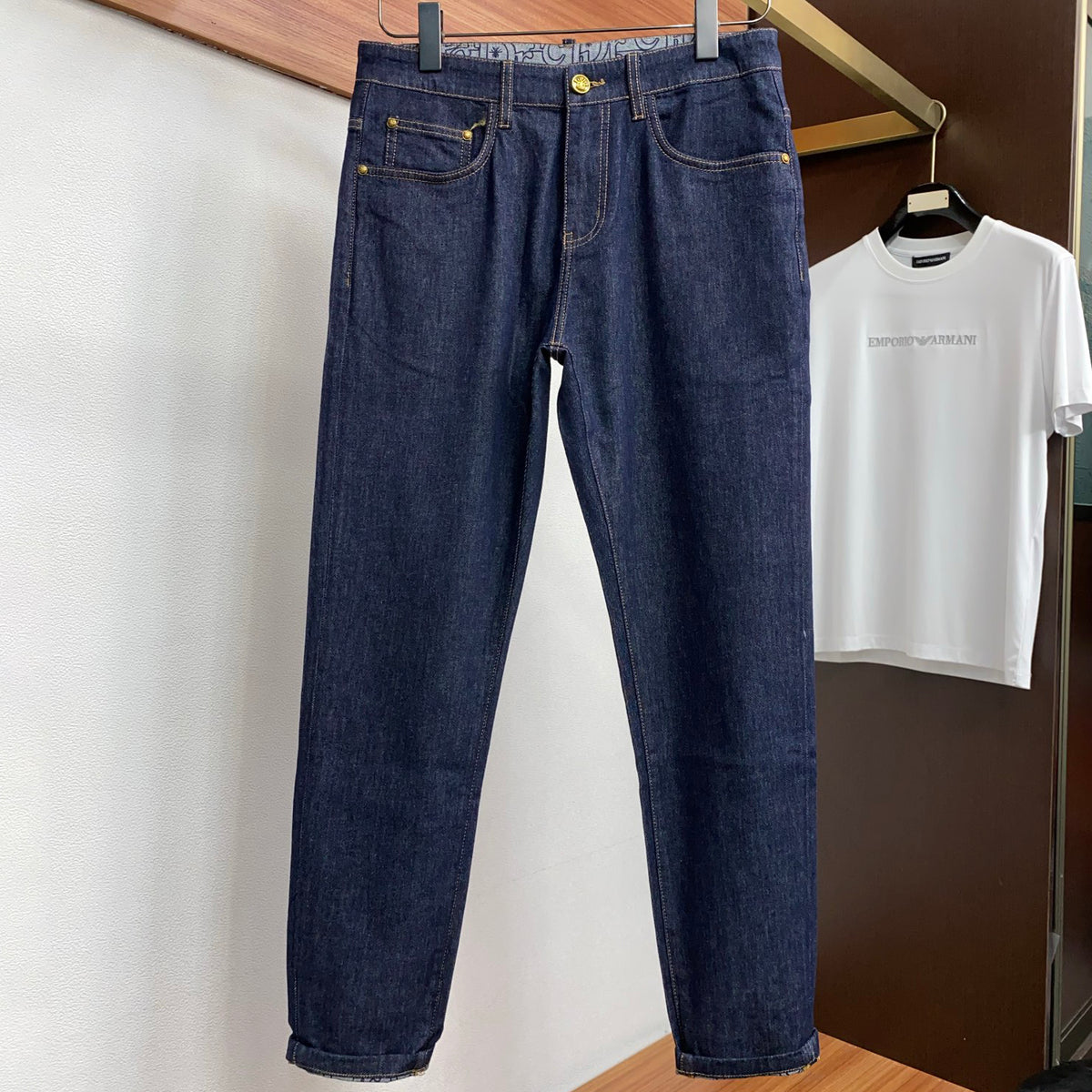 Raw Dark Indigo Mens Metal Badge Pocket Denim Trousers R260521