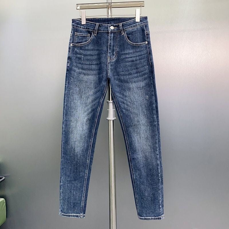Men Dark Vintage Washed Jeans Medusa Head & Letter Print Back Pocket Slim Fit Denim Pants C261013