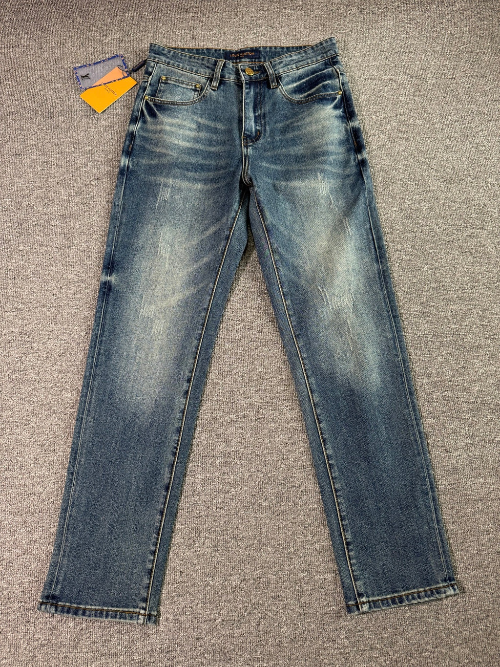 Stitched Monogram & Letter Print Pocket Slim Fit Denim M260701