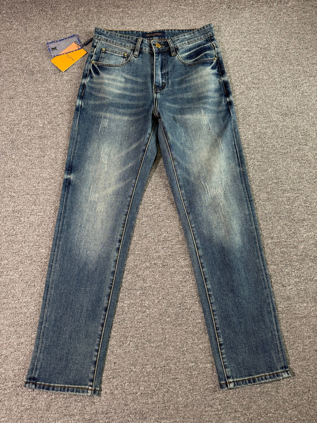 Stitched Monogram & Letter Print Pocket Slim Fit Denim M260701
