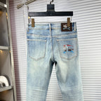 Light Blue Faded Wash Mens Embroidered Pocket Denim Trousers R260516