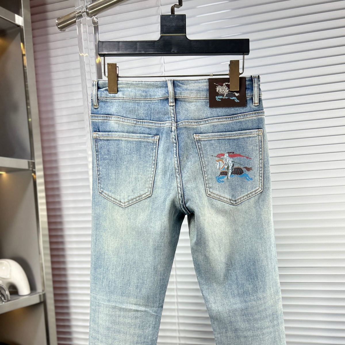 Light Blue Faded Wash Mens Embroidered Pocket Denim Trousers R260516