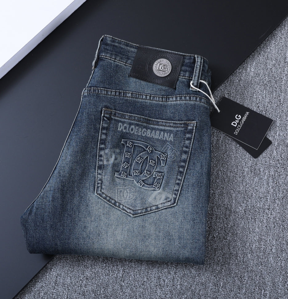 Vintage Embossed Emblem Slim Denim V260822