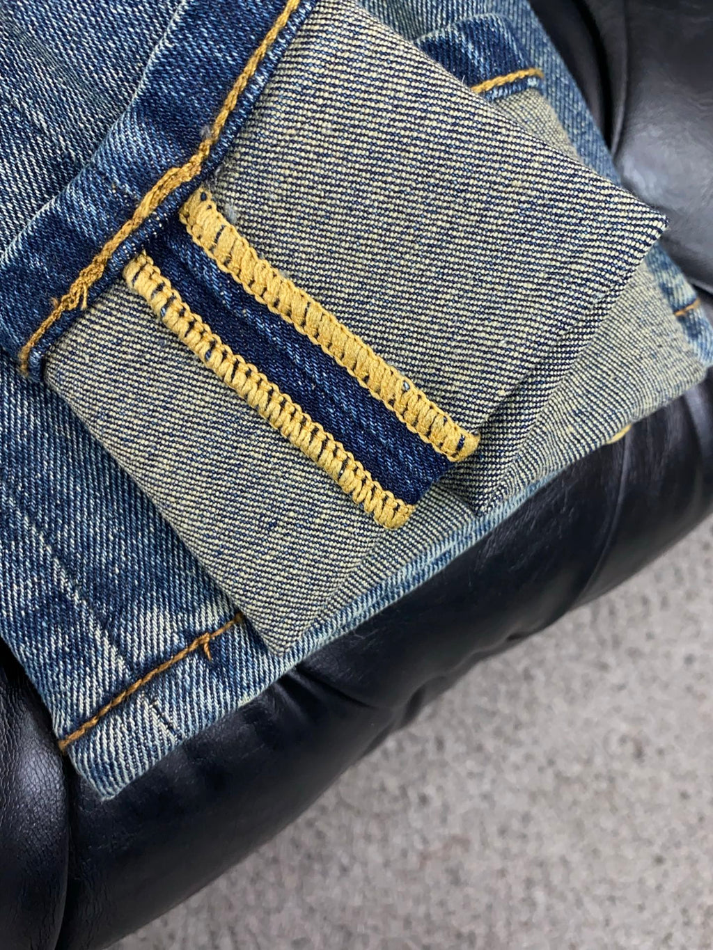 Yellow Tone Retro Denim Jeans With Blue Leather Waist Patch R260537