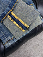 Yellow Tone Retro Denim Jeans With Blue Leather Waist Patch R260537