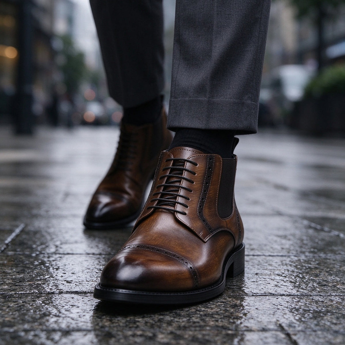 Cap Toe Brogue Lace-Up Chelsea Boots Y101106