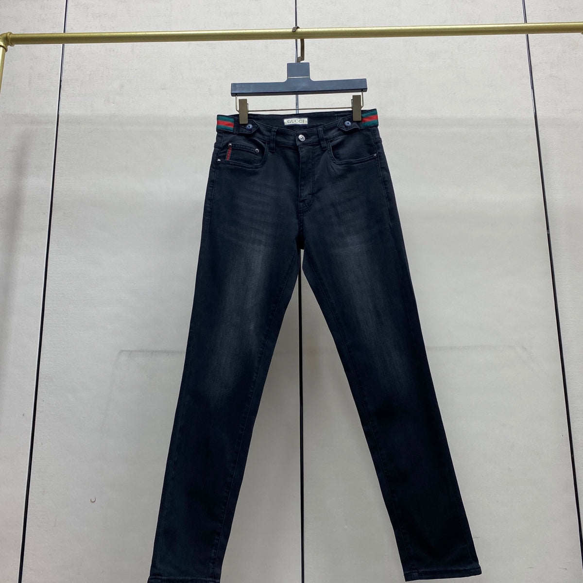 Black Faded Web Stripe Waist Embroidery Jeans V260805