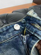Vintage Faded Dark Wash Yellow Eye Appliqué Slim Jeans C261033