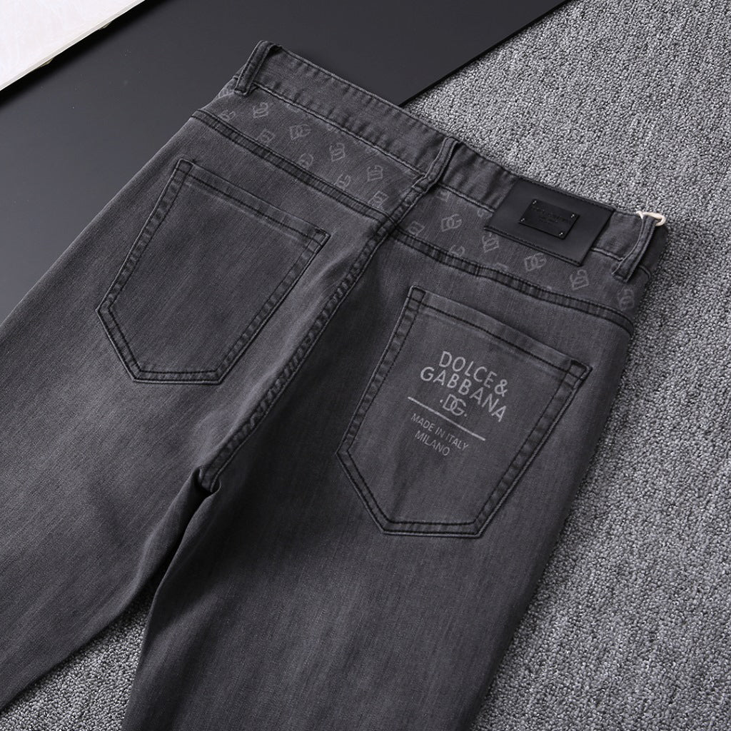 Grey Washed Mens Letter Print Pocket Denim Trousers R260526