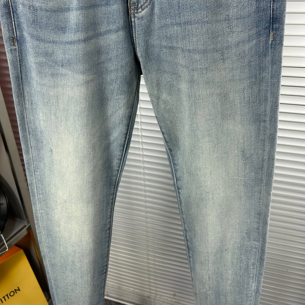 Light Blue Faded Wash Mens Embroidered Pocket Denim Trousers R260516