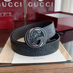 Black Embossed Repeat Pattern Belt With Circular Interlocking Buckle E020809