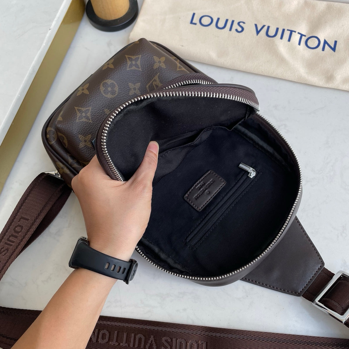 Printed Fabric Metal Logo Vertical Chest Sling Bag B101009