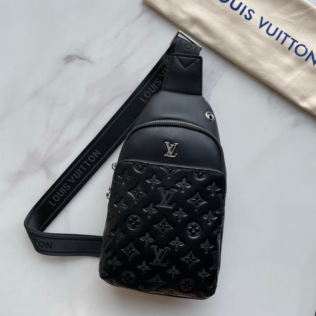 Embossed Pattern Metal Logo Vertical Chest Sling Bag B101010