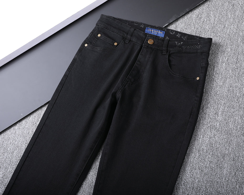 Solid Black Wash Embossed Monogram Jeans V260815