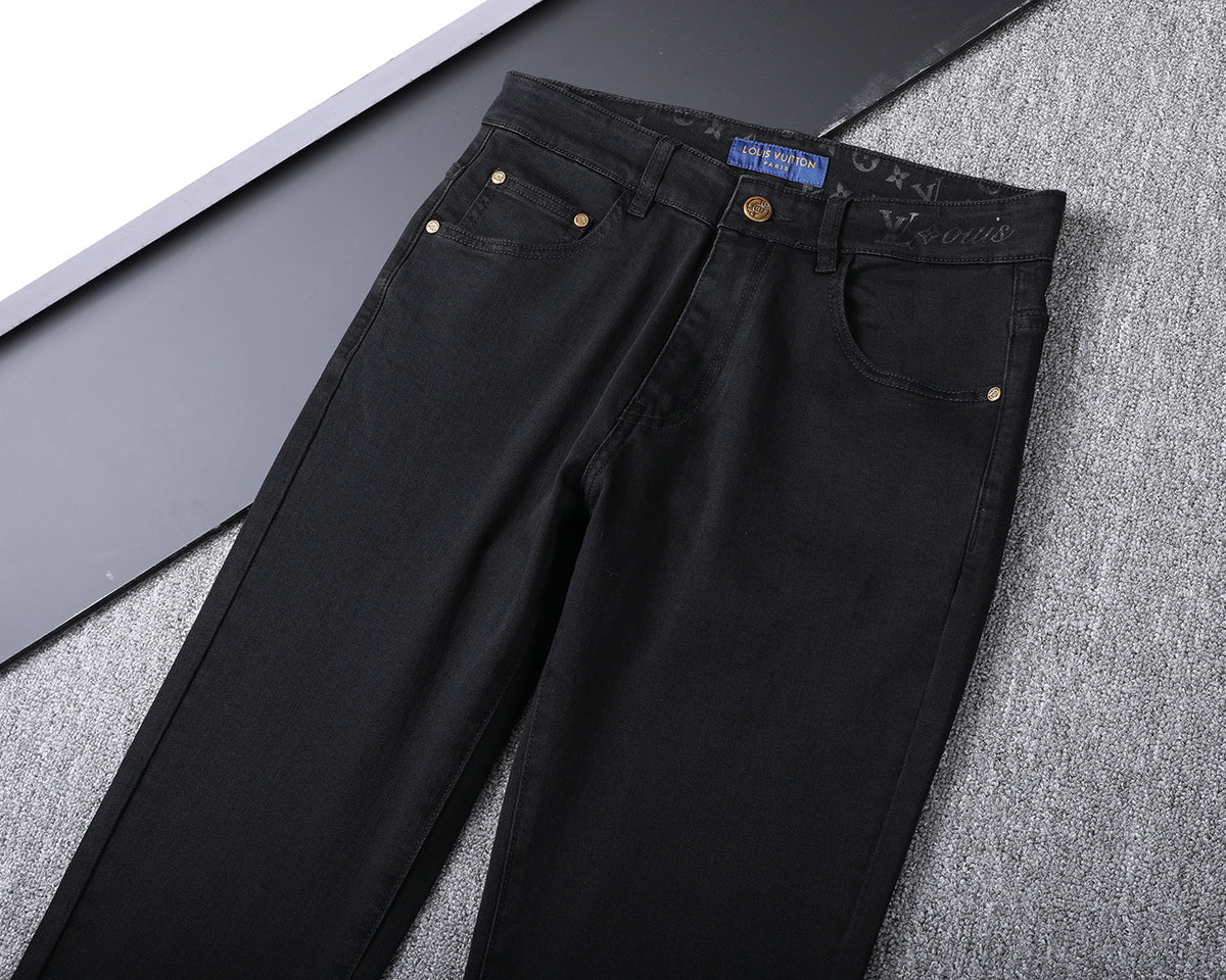 Solid Black Wash Embossed Monogram Jeans V260815