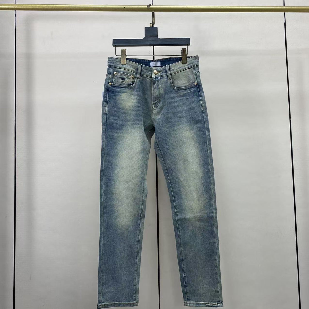 Light Faded Blue Wash Collage Graphic Patch Slim Jeans C261035