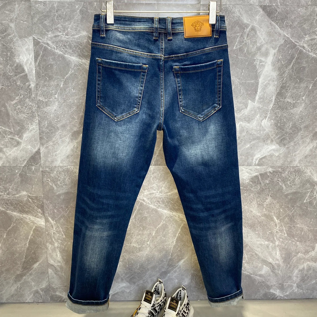 Deep Blue Distressed Mens Printed Ripped Denim Trousers R260528