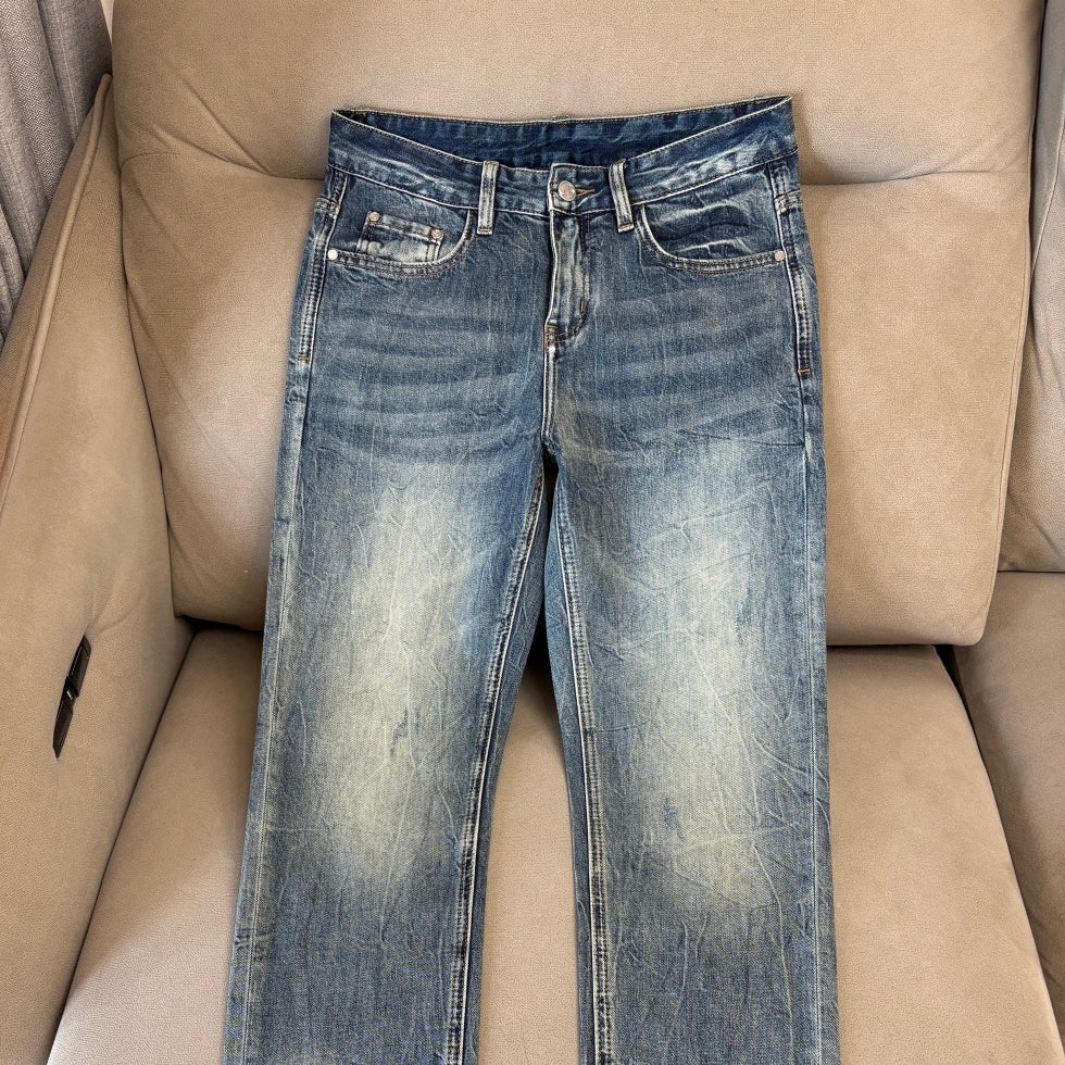 Blue Vintage Faded Wash Mens Printed Pocket Denim Trousers R260511