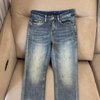 Blue Vintage Faded Wash Mens Printed Pocket Denim Trousers R260511