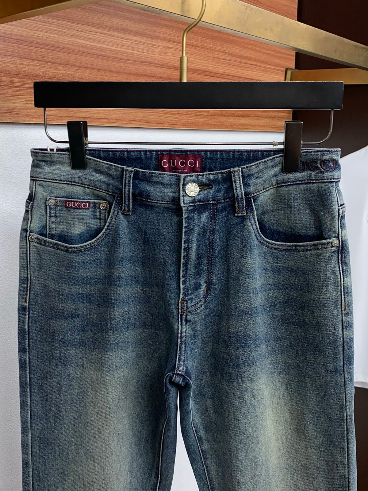 Vintage Faded Wash Mens Circular Motif Embroidered Pocket Denim Trousers R260529