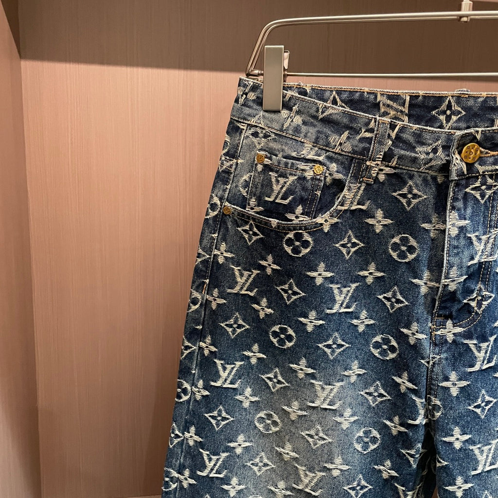 Vintage Washed Full Jacquard Pattern Wide Leg Denim Pants R260505