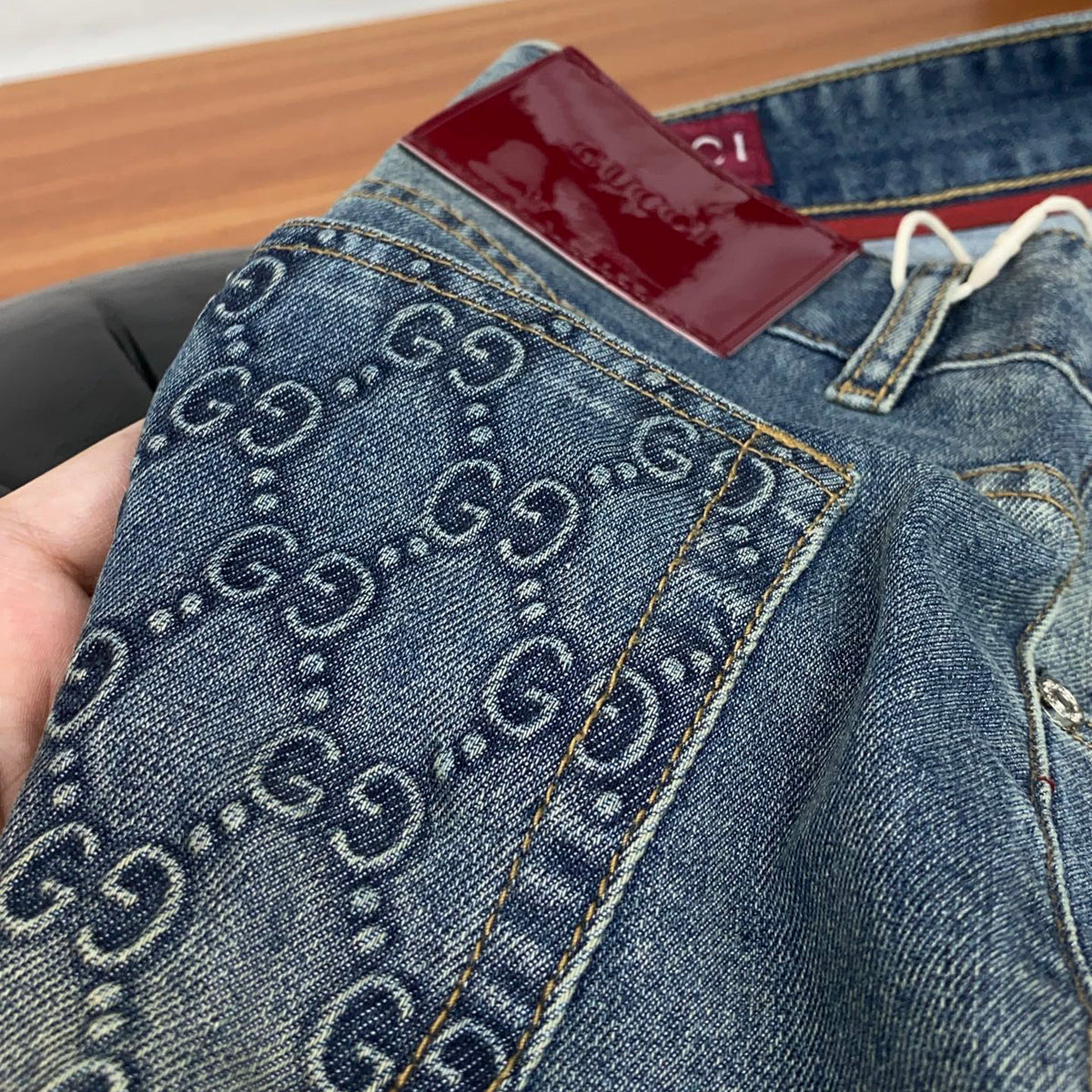 Mid Blue Faded Wash Embossed Pattern Denim Jeans L260611