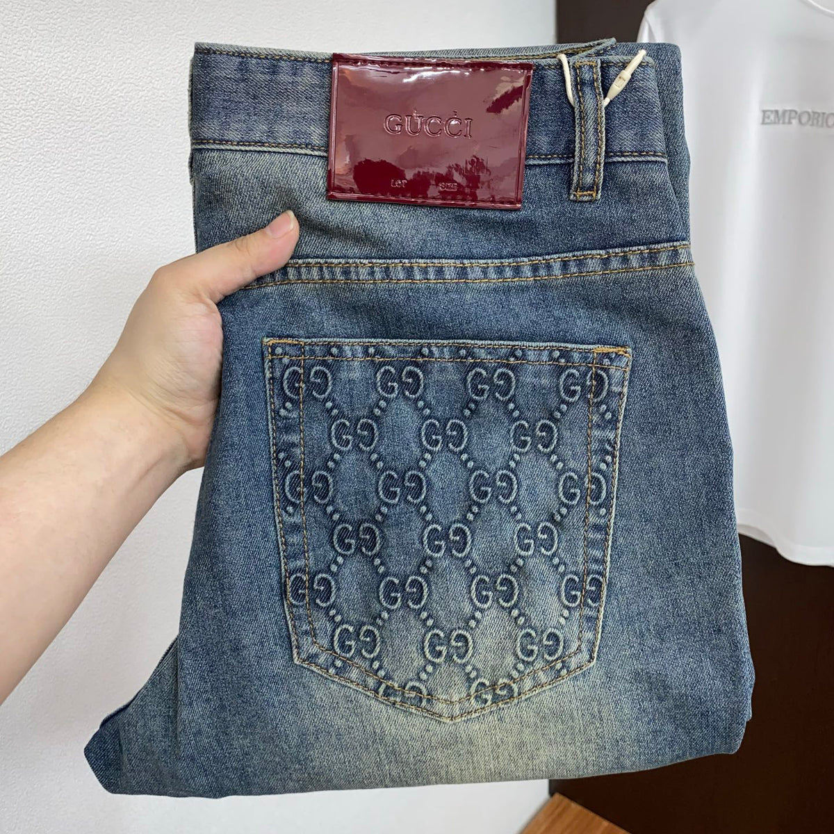 Mid Blue Faded Wash Embossed Pattern Denim Jeans L260611