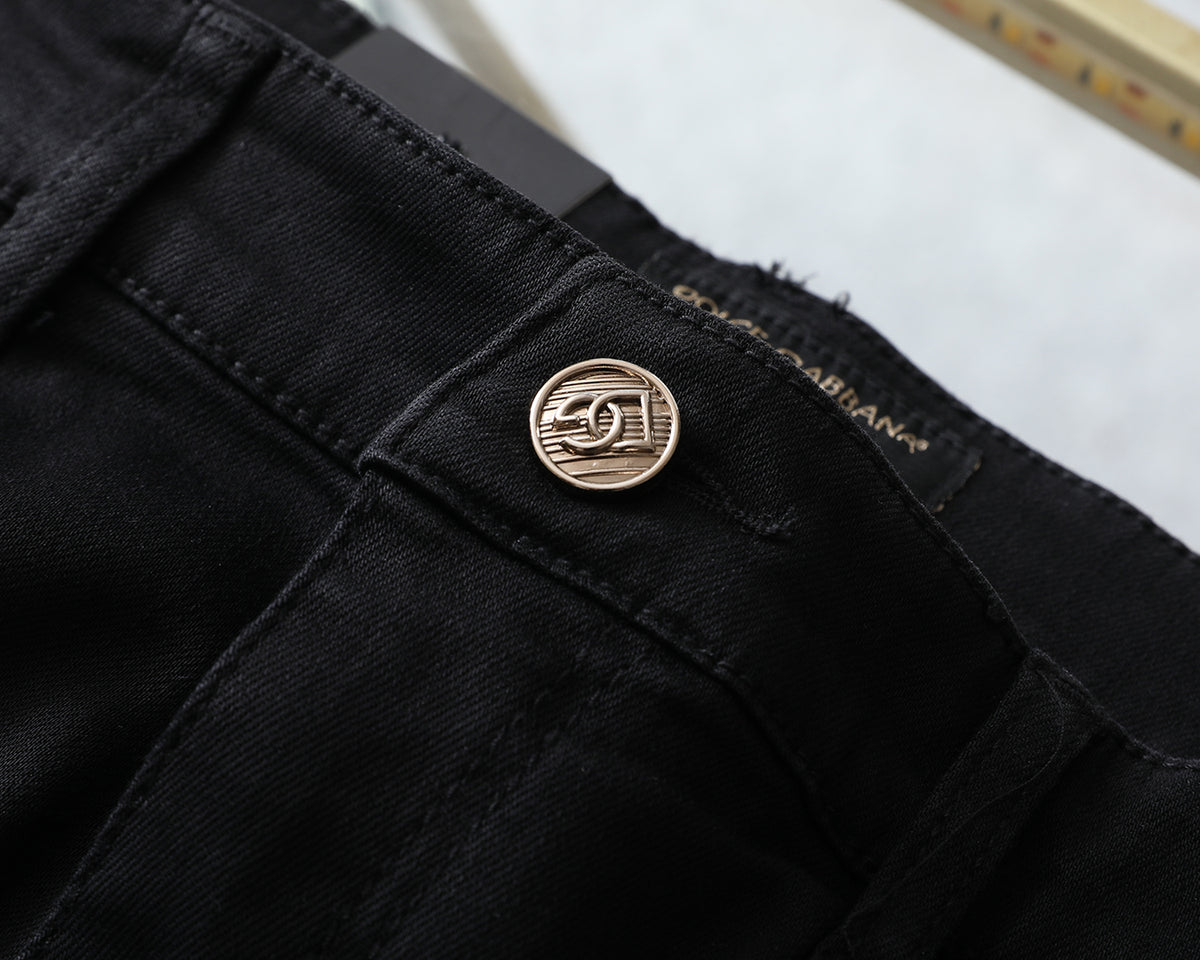 Solid Black Stitched Outline Monogram Slim Denim M260710