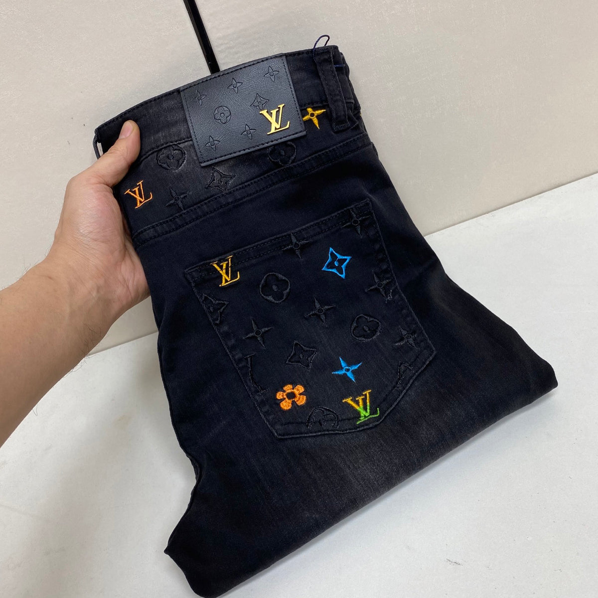 Black Fade Multi-Tone Monogram Embroidery Jeans V260807