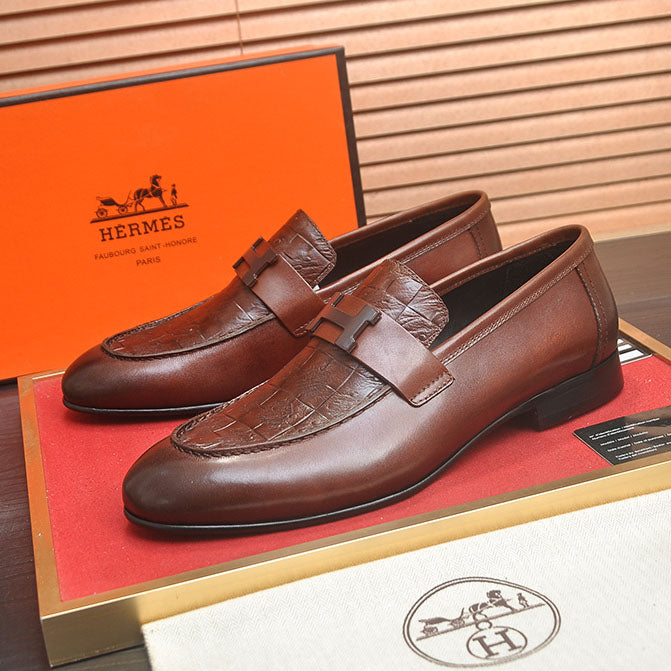 Men's H Buckle Croc Embossed Panel Loafers M10342250