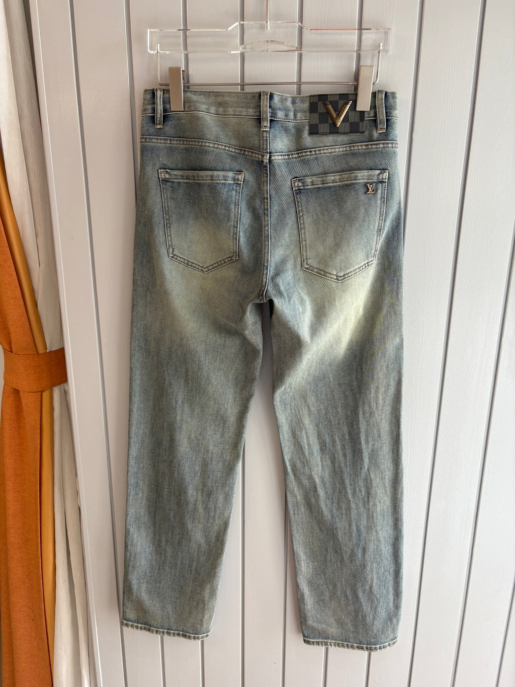 Light Faded Grey-Blue Metal V Emblem Slim Jeans C261041