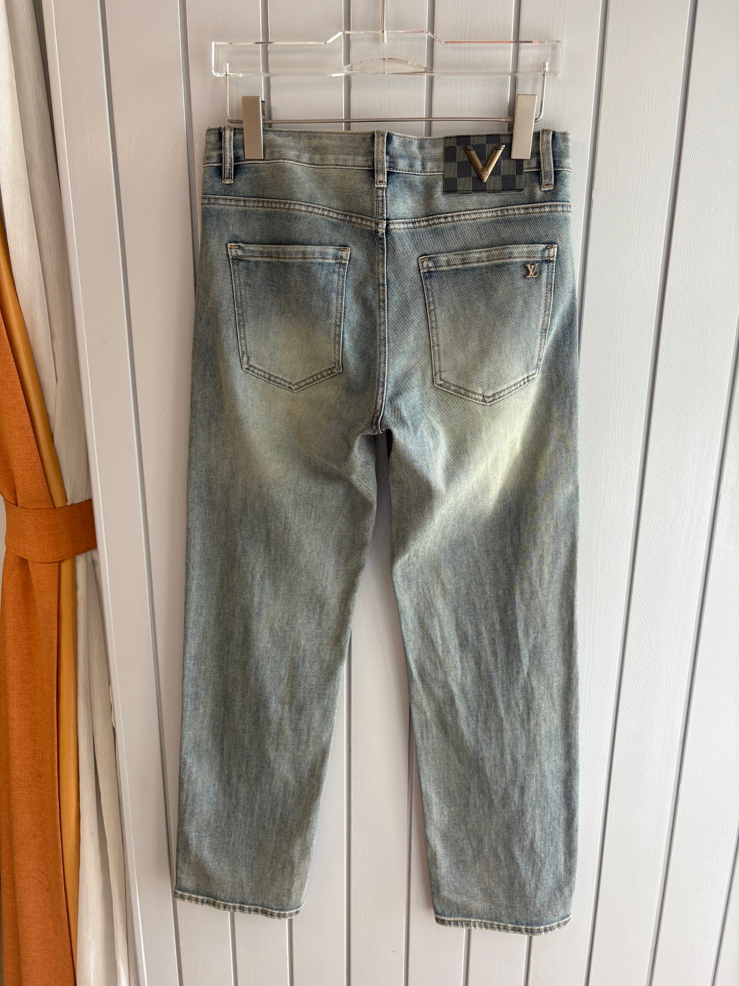 Light Faded Grey-Blue Metal V Emblem Slim Jeans C261041